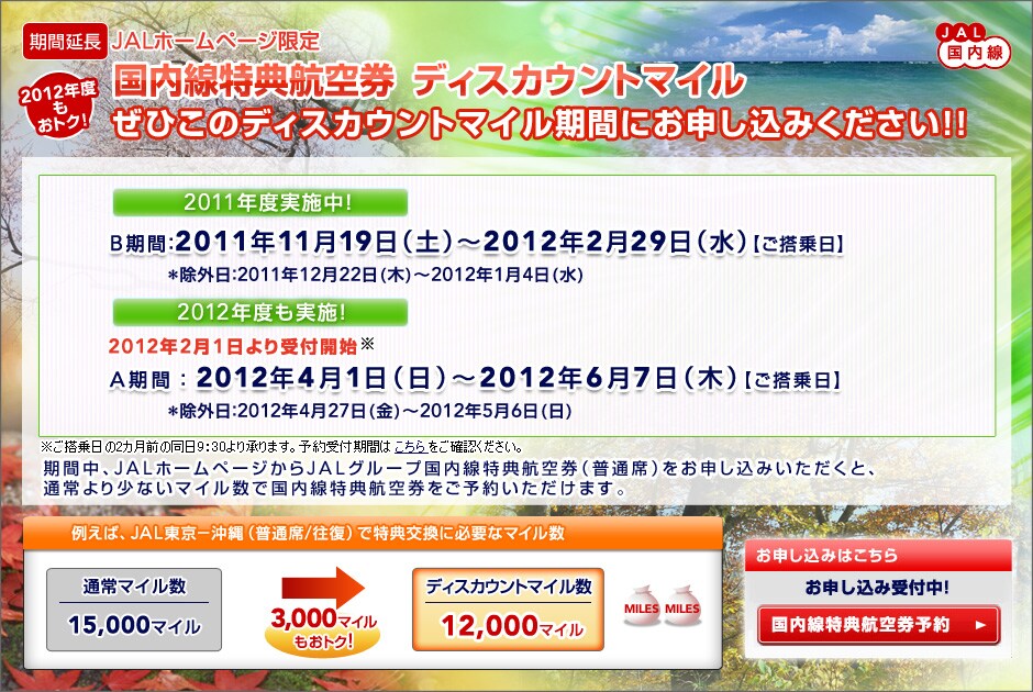 
[���ԉ���]JAL�������@JAL�z�[���y�[�W����
2011�N�x�����g�N�I
���������T�q�󌔁@�f�B�X�J�E���g�}�C��
���Ђ��̃f�B�X�J�E���g�}�C�����Ԃɂ��\�����݂�������!!

2011�N�x���{���I
B���ԁF2011�N11��19���i�y�j�`2012�N2��29���i���j�y��������z
�����O���F2011�N12��22��(��)�`2012�N1��4��(��)
2012�N�x���{�I
2012�N2��1������t�J�n��
A���ԁF2012�N4��1���i���j�`2012�N6��7���i�؁j�y��������z
�����O���F2012�N4��27��(��)�`2012�N5��6��(��)

�����������2�J���O�̓���9�F30��菳��܂��B�\���t���Ԃ͂���������m�F���������B
�Г��i1��ԁj�ł̓��T������2011�N4��1���V�K�\�񔭌����i2011�N6��1�������敪�j��育���p���������܂��B
���Ԓ��AJAL�z�[���y�[�W����JAL�O���[�v���������T�q�󌔁i���ʐȁj�����\�����݂��������ƁA���������T�q��
�������ʏ��菭�Ȃ��}�C�����ł����p���������܂��B

�Ⴆ�΁AJAL����-����i���ʐ�/�����j�œ��T�����ɕK�v�ȃ}�C���� �ʏ�}�C����15,000�}�C�����f�B�X�J�E���g�}�C����12,000�}�C��(3,000�}�C�������g�N�I)