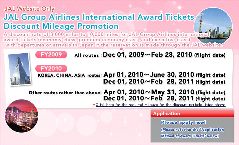 
JAL Website Only
JAL Group Airlines International Award Tickets  
Discount Mileage Promotion
A discount rate of 3,000 miles to 10,000 miles for JAL Group Airlines international
award tickets (economy class, premium economy class, and executive class)
 with departures or arrivals in Japan if the reservation is made through the JAL website.
 
[FY2009]  All routes: Dec 01, 2009~Feb 28, 2010 (flight date)

[FY2010]
KOREA, CHINA, ASIA routes: Apr 01, 2010~June 30, 2010 (flight date)
Dec 01,2010~Feb 28,2011 (Flight Date)
Other routes rather than above: Apr 01, 2010~May 31, 2010 (flight date)
Dec 01,2010~Feb 28,2011 (Flight Date)

Application
Please apply now! 
(Please refer to the�Application
Method of Award Tickets� below)