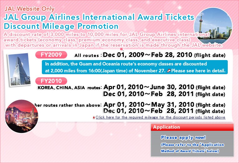 
JAL Website Only
JAL Group Airlines International Award Tickets  
Discount Mileage Promotion
A discount rate of 3,000 miles to 10,000 miles for JAL Group Airlines international
award tickets (economy class, premium economy class, and executive class)
 with departures or arrivals in Japan if the reservation is made through the JAL website.
 
[FY2009]  All routes: Dec 01, 2009~Feb 28, 2010 (flight date)

[FY2010]
KOREA, CHINA, ASIA routes: Apr 01, 2010~June 30, 2010 (flight date)
Dec 01,2010~Feb 28,2011 (Flight Date)
Other routes rather than above: Apr 01, 2010~May 31, 2010 (flight date)
Dec 01,2010~Feb 28,2011 (Flight Date)

Application
Please apply now! 
(Please refer to the�Application
Method of Award Tickets� below)