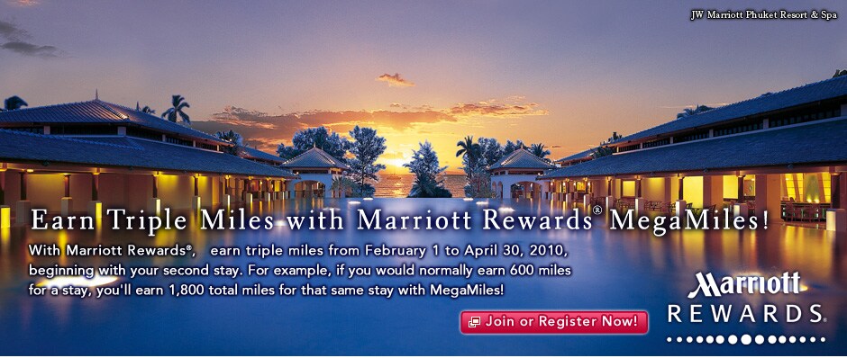 
Earn Triple Miles with Marriott Rewards&reg; MegaMiles!
With Marriott Rewards&reg;, earn triple miles from February 1 to April 30, 2010, beginning with your second stay. For example, if you would normally earn 600 miles for a stay, you'll earn 1,800 total miles for that same stay with MegaMiles!