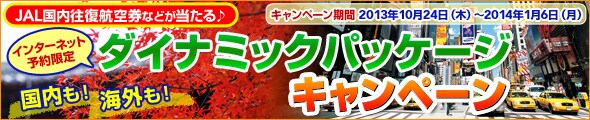 JAL国内往復航空券などが当たる　インターネット予約限定　ダイナミックパッケージキャンペーン　国内も！海外も！キャンペーン期間2013年10月24日（木）～2014年1月6日（月）