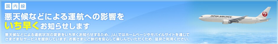 国内線 悪天候などによる運航への影響をいち早くお知らせします
悪天候などによる運航状況の変更をいち早くお知らせするため、JALではホームページやケータイサイトを通じてさまざまなサービスを提供しています。お客さまにご旅行を安心して楽しんでいただくため、是非ご利用ください。