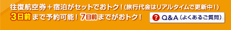 往復航空+宿泊がセットでおトク!(旅行代金はリアルタイムで更新中!)3日前まで予約可能!7日前までがおトク!