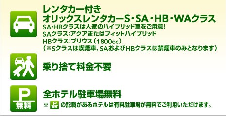 �����^�J�[�t��
�I���b�N�X�����^�J�[S�ESA�EHB�EWA�N���X
SA�EHB�N���X�͐l�C�̃n�C�u���b�h�Ԃ����p�ӁI
SA�N���X�F�A�N�A�܂��̓t�B�b�g�n�C�u���b�h
HB�N���X�F�v���E�X�i1800cc�j
�i��S�N���X�͋i���ԁASA�����HB�N���X�͋։��Ԃ݂̂ƂȂ�܂��j
���̂ė����s�v�@�z�e�����ԏꖳ�� ���u���ԏꖳ���v�̋L�ڂ�����z�e���͗L�����ԏꂪ�����ł����p���������܂��B