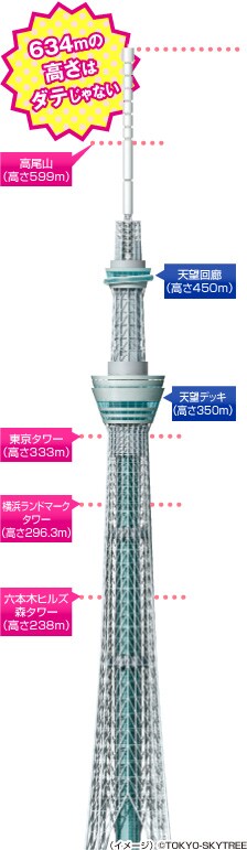634mの高さはダテじゃない
高尾山(高さ599m)
第2展望台(高さ450m)
第1展望台(高さ350m)
東京タワー(高さ333m)
横浜ランドマークタワー(高さ296.3m)
六本木ヒルズ森タワー(高さ238m)
(イメージ)(c)TOKYO-SKYTREE