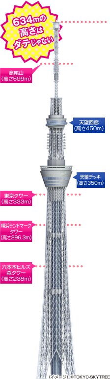 634m�̍����̓_�e����Ȃ�
�����R�i����599m�j
��2�W�]��i����450m�j
��1�W�]��i����350m�j
�����^���[�i����333m�j
���l�����h�}�[�N�^���[�i����296.3m�j
�Z�{�؃q���Y�X�^���[�i����238m�j
�i�C���[�W�j(c)TOKYO-SKYTREE
