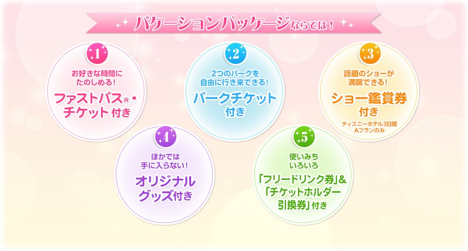 �o�P�[�V�����p�b�P�[�W�Ȃ�ł́I
1. ���D���Ȏ��ԂɊy���߂�I �t�@�X�g�p�X&reg;�E�`�P�b�g�t��
2. 2�̃p�[�N�����R�ɍs�����ł���I �p�[�N�`�P�b�g�t��
3. �b��̃V���[�����i�ł���I �V���[�ӏ܌��t���i�ꕔ�R�[�X�������j
4. �ق��ł͎�ɓ���Ȃ��I���W�i���O�b�Y�t�� �������ł��킢���h�����N D,s Delights�i�f�B�[�Y�E�f�B���C�g�j�����߂�I