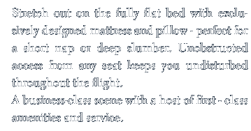 Stretch out on the fully flat bed with exclusively designed mattress and pillow - perfect for a short nap or deep slumber. Unobstructed access from any seat keeps you undisturbed throughout the flight. A business-class scene with a host of first-class amenities and service.
