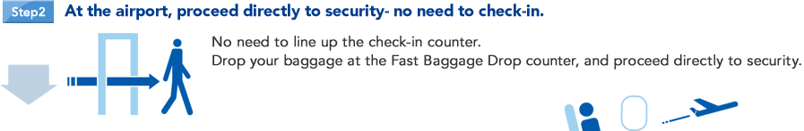 Step2 At the airport, proceed directly to security- no need to check-in.No need to line up the check-in counter.Drop your baggage at the Fast Baggage Drop counter, and proceed directly to security.