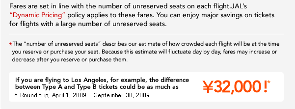 JAL's "Dynamic Pricing" policy applies to these fares. You can enjoy major savings on tickets for flights with a large number of unreserved seats.  * The "number of unreserved seats" describes our estimate of how crowded each flight will be at the time you reserve or purchase your seat. Because this estimate will fluctuate day by day, fares may increase or decrease after you reserve or purchase them.  If you are flying to Los Angeles, for example, the difference between Type A and Type B tickets could be as much as \32,000 !* * For round trip, April 1, 2009 - September 30, 2009 