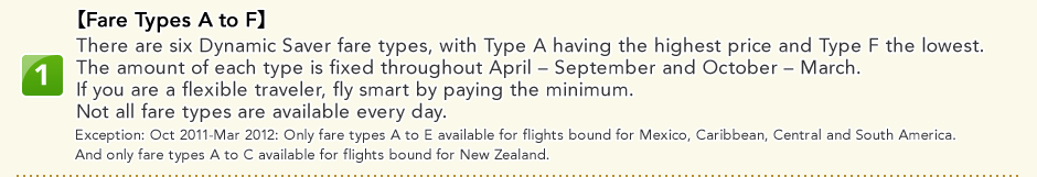 1 [Fare Types A to F] There are six Dynamic Saver fare types, with Type A having the highest price and Type F the lowest.The amount of each type is  fixed throughout April � September and October-March.If you are a flexible traveler, fly smart by paying the minimum.Not all fare types are available every day. Exception: Oct 2011-Mar 2012: Only fare types A to E available for flights bound for Mexico, Caribbean, Central and South America. And only fare types A to C available for flights bound for New Zealand.