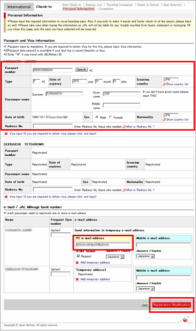 Register passport information and e-mail address
