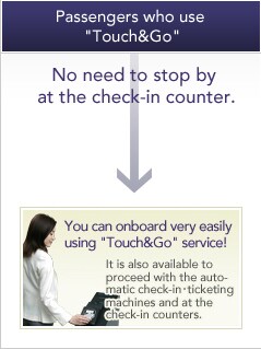 Passengers who use Touch & Go; No need to stop by at the check-in counter. You can onboard very easily 
using &nbsp;Touch&Go&nbsp; service! It is also available to proceed with the automatic check-in&bull;ticketing machines and at the check-in counters. 
