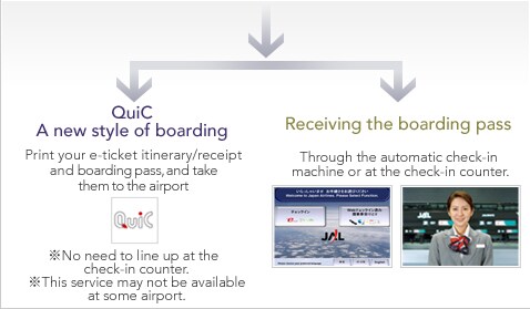 QuiC A new style of boarding. Print your e-ticket itinerary/receipt and boarding pass, and take them to the airport. *No need to line up at the check-in counter. *This service may not be available at some airport. Receiving the boarding pass. Through the automatic check-in machine or at the check-in counter.