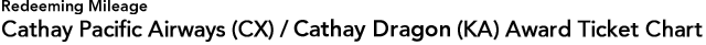 Redeeming Mileage Cathay Pacific Airways (CX) / Dragonair (KA) Award Ticket Chart