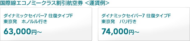 国際線エコノミークラス割引航空券 ダイナミックセイバー7 往復タイプF 東京発　ホノルル行き63,000円～ ダイナミックセイバー7 往復タイプF 東京発　パリ行き74,000円～