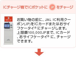 IC�`���[�W�@��IC�|�P�b�g��JP���`���[�W ���������̑O�ɁAJAL IC���p�N�[�|��(JP)��IC�J�[�h�܂��͂��T�C�t�P�[�^�C®�Ƀ`���[�W���܂��B����z100,000JP�܂ŁAIC�J�[�h�A���T�C�t�P�[�^�C®�ɁA�`���[�W�ł��܂��B