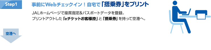 Step1 ���O��Web�`�F�b�N�C���I����Łu���挔�v���v�����g JAL�z�[���y�[�W�ō��Ȏw��&�p�X�|�[�g�f�[�^��o�^�B�v�����g�A�E�g�����ue�`�P�b�g���q�l�T�v�Ɓu���挔�v�������ċ�`�ցB