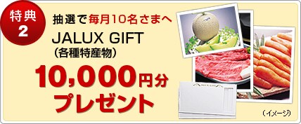 特典2 抽選で毎月10名さまに10,000円相当のJALUX GIFT(各種特産物)をプレゼント!。