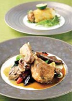 �t�����`�o�g�̃V�F�t���񋟂��闿���́A���̒n�Y�̐H�ނ����R�Ȕ��z�ŕ`�����I���W�i���������B���ꂩ��̏H�~�̎����̓W�r�G�������o�ꂷ��B�ʐ^��O�͋ψ�ɉ΂̒ʂ����e�r�̃��[�X�g�ɎR���I�C����Y�������́B�t�����`�̋Z�@�ɐ▭�ɘa�̑f�ނ���������i���B