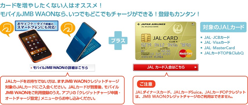 �J�[�h�𑝂₵�����Ȃ��l�̓I�X�X���I���o�C��JMB WAON�Ȃ�A���ł��ǂ��ł��`���[�W���ł���I�o�^���J���^���IJMB WAON �v���X JAL�J�[�h�i�ΏۂƂȂ�JAL�J�[�h�FJAL�Visa�J�[�h�AJAL�EMasterCard�AJAL�J�[�h TOP&ClubQ�jJAL�J�[�h���������łȂ����́A�܂�JMB WAON�N���W�b�g�`���[�W�Ώۂ�JAL�J�[�h�ɂ�����������BJAL�J�[�h��������A���o�C��JMB WAON�������p�o�^�̂����A�A�v���́u�N���W�b�g�`���[�W�\���E�I�[�g�`���[�W�ݒ�v���j���[���炨�\�����݂��������B�����ӁFJAL�EJCB�J�[�h�AJAL�_�C�i�[�X�J�[�h�AJAL�J�[�hSuica�AJAL�J�[�hOP�N���W�b�g�́AJMB WAON�N���W�b�g�`���[�W�͂����p�ł��܂���B