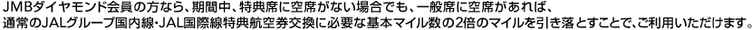JMB�_�C�������h����̕��Ȃ�A���Ԓ��A���T�Ȃɋ�Ȃ��Ȃ��ꍇ�ł��A��ʐȂɋ�Ȃ�����΁A�ʏ��JAL�O���[�v�������EJAL���ې����T�q�󌔌����ɕK�v�Ȋ�{�}�C������2�{�̃}�C�����������Ƃ����ƂŁA�����p���������܂��B