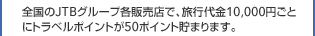 �S����JTB�O���[�v�e�̔��X�ŁA���s���10,000�~���ƂɃg���x���|�C���g��50�|�C���g���܂�܂��B