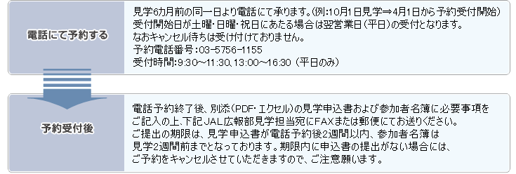 ���w6�J���O�̓�������d�b�ɂď���܂��B�i��F10��1�����w��4��1������\���t�J�n�j��t�J�n�����y�j�E���j�E�j���ɂ�����ꍇ�͗��c�Ɠ��i�����j�̎�t�ƂȂ�܂��B�Ȃ��L�����Z���҂��͎󂯕t���Ă���܂���B�\��d�b�ԍ��F03-5756-1155�@��t���ԁF9:30�`11:30�@13:00�`16:30�i�����̂݁j�d�b�\��I����A�ʓY(PDF�j�̌��w�\��������юQ���Җ���ɕK�v���������L���̏�A���LJAL�L�񕔌��w�S������FAX�܂��͗X�ւɂĂ����肭�������B����o�̊����́A���w�\�������d�b�\���2�T�Ԉȓ��A�Q���Җ���͌��w2�T�ԑO�܂łƂȂ��Ă���܂��B�������ɐ\�����̒�o���Ȃ��ꍇ�ɂ́A���\����L�����Z�������Ă��������܂��̂ŁA�����ӊ肢�܂��B