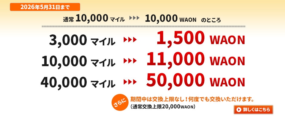 2026年5月31日まで　通常10,000マイル→10,000WAONのところ　3,000マイル→1,500WAON　10,000マイル→11,000WAON 40,000マイル→50,000WAON さらに　期間中は交換上限なし！何度でも交換いただけます。（通常交換上限20,000WAON）