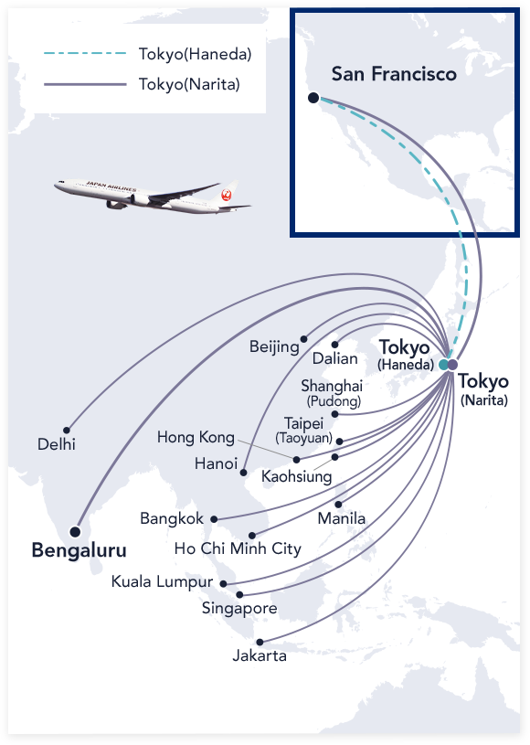 San Francisco - Tokyo(Haneda), San Francisco - Tokyo(Narita), Tokyo(Narita) - Beijing, Tokyo(Narita) - Dalian, Tokyo(Narita) - Shanghai(Pudong), Tokyo(Narita) - Taipei(Taoyuan), Tokyo(Narita) - Kaohsiung, Tokyo(Narita) - Hong Kong, Tokyo(Narita) - Hanoi, Tokyo(Narita) - Manila,Tokyo(Narita) - Bangkok, Tokyo(Narita) - Ho Chi Minh City, Tokyo(Narita) - Kuala Lumpur,  Tokyo(Narita) - Singapore, Tokyo(Narita) - Jakarta, Tokyo(Narita) - Delhi, Tokyo(Narita) - Bengaluru