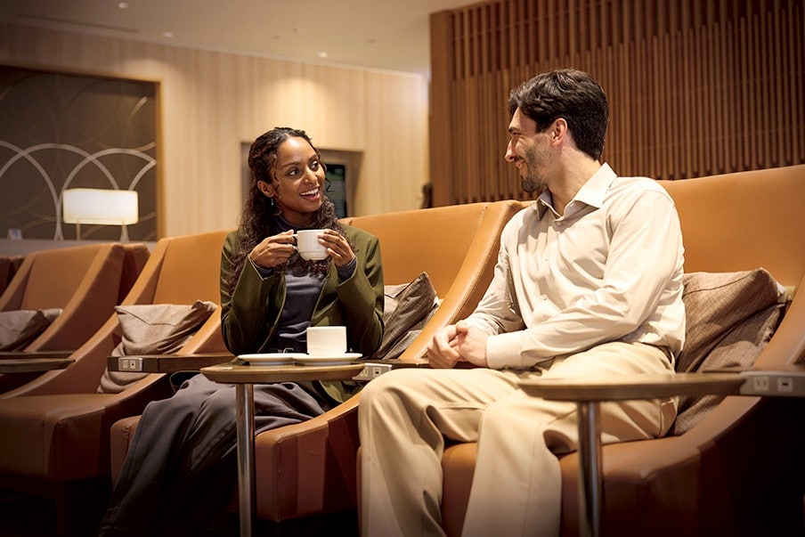 Relax before boarding at the Sakura Lounge