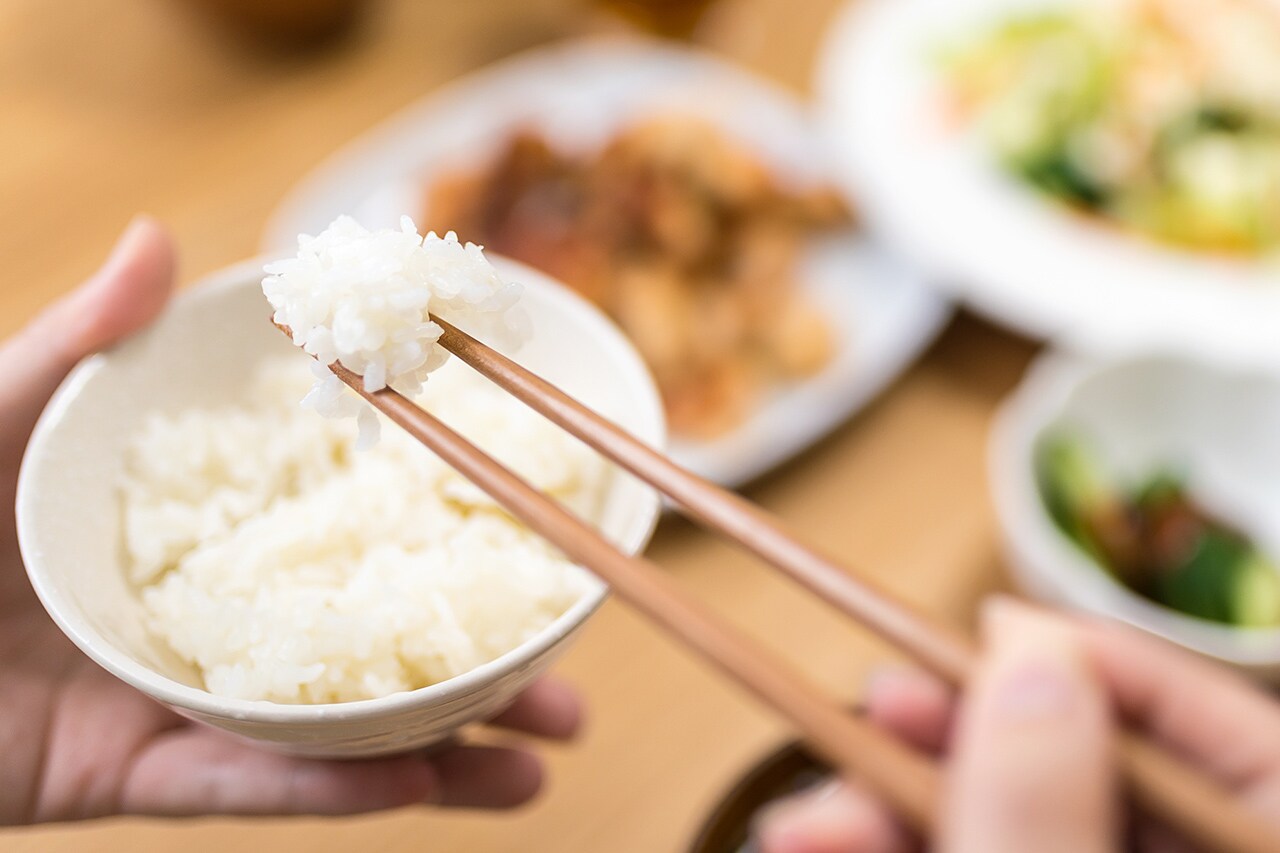 Eating rice and miso soup