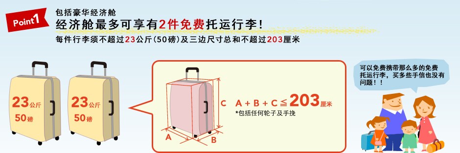 Point1 包括豪华经济舱 经济舱最多可享有2件免费托运行李！ 每件行李须不超过23公斤(50磅)及三边尺寸总和不超过203厘米