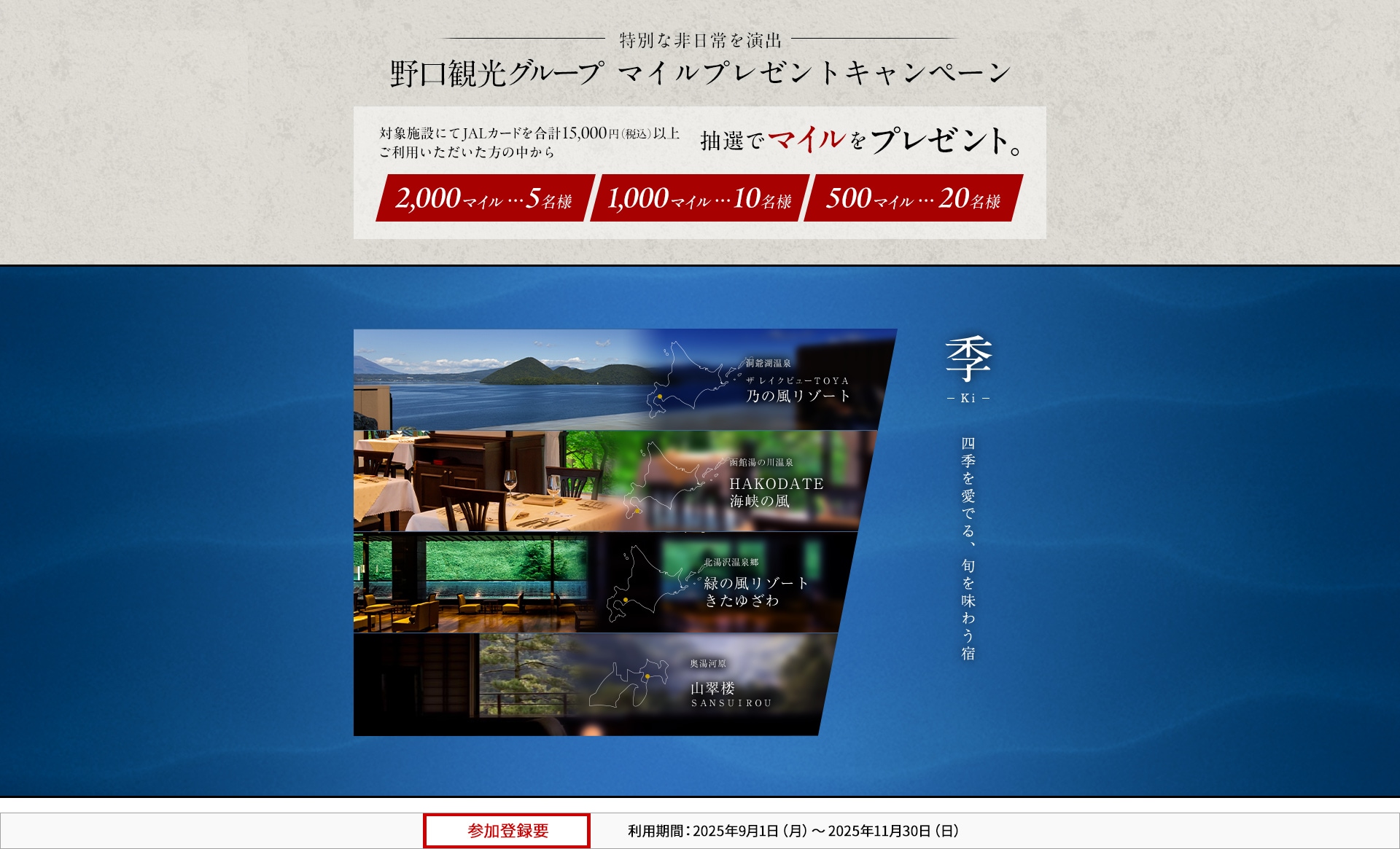 JALカード特約店「野口観光グループ」マイルプレゼントキャンペーン 対象施設にてJALカードを合計15,000円（税込）以上ご利用いただいた方の中から、抽選でマイルをプレゼント。