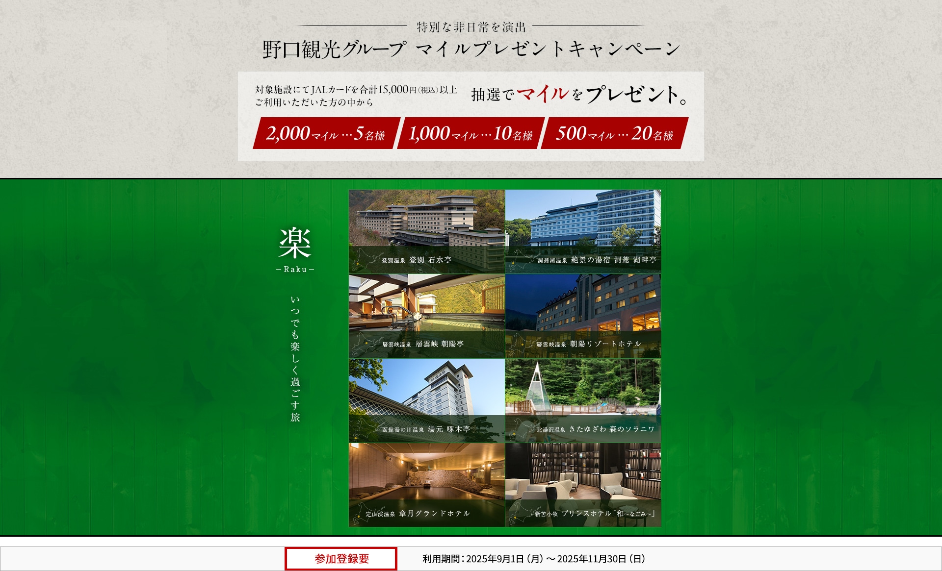 JALカード特約店「野口観光グループ」マイルプレゼントキャンペーン 対象施設にてJALカードを合計15,000円（税込）以上ご利用いただいた方の中から、抽選でマイルをプレゼント。