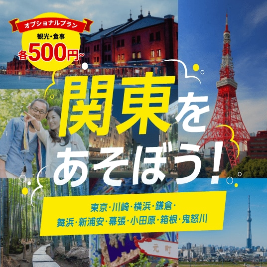 オプショナルプラン 観光・食事 各500円～ 関東をあそぼう！ 東京・川崎・横浜・鎌倉・舞浜・新浦安・幕張・小田原・箱根・鬼怒川