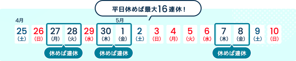 平日休めば最大16連休！2026年ゴールデンウィークカレンダー