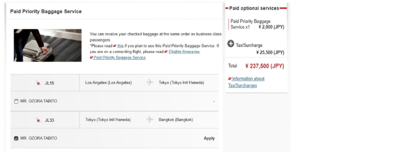 Paid Priority Baggage Service screen