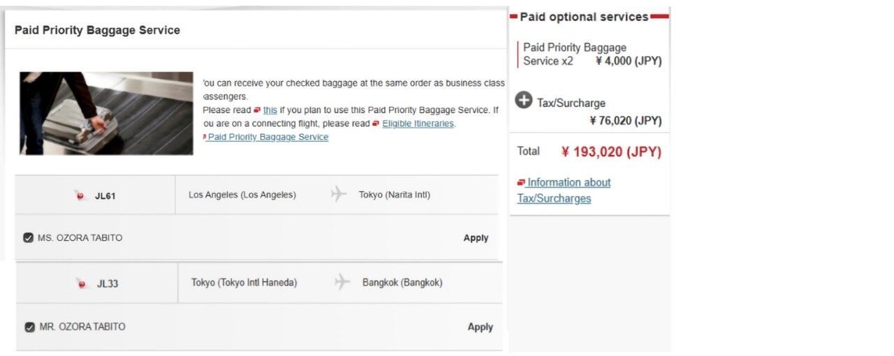 Paid Priority Baggage Service screen