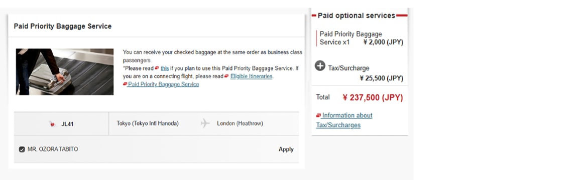 Paid Priority Baggage Service screen