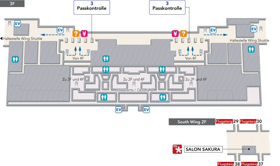 Sobald Sie die Sicherheitskontrolle im 3. Stock passiert haben, finden Sie Wechselschalter, Flughafen-Informationsschalter und Treppen/Rolltreppen zum 2. und 4. Stock. Im 2. Stock befindet sich die Sakura Lounge.