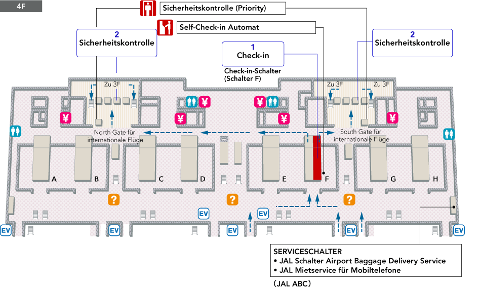 Im 4. Stock des Abflugbereichs befinden sich Check-in-Schalter, Self-Check-in-Automaten, Flughafen-Informationsschalter, Wechselschalter, Toiletten, JAL-Gepäckservice am Flughafen (ABC) und ein JAL Mietservice-Schalter für Mobiltelefone (QL Liner). Sobald Sie die Sicherheitskontrollen und die Fast Security Lane passiert haben, finden Sie Treppen/Rolltreppen zum 3. Stock.