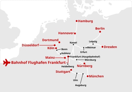 Es ist die Betriebsstreckenkarte der wichtigsten Deutschen Bahn, die vom Frankfurter Flughafenbahnhof abfährt und dort ankommt.
