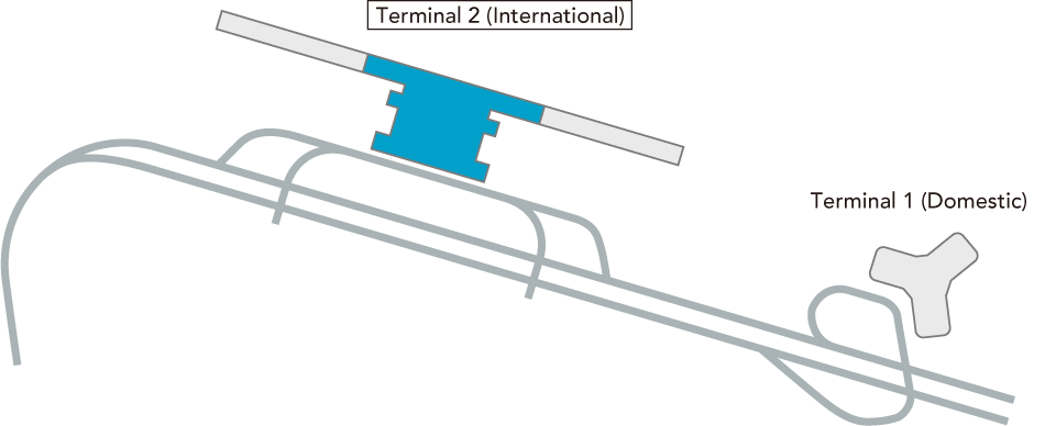 Terminal 2 (International Flights) is located on the right from Terminal 1 (Domestic Flights).
