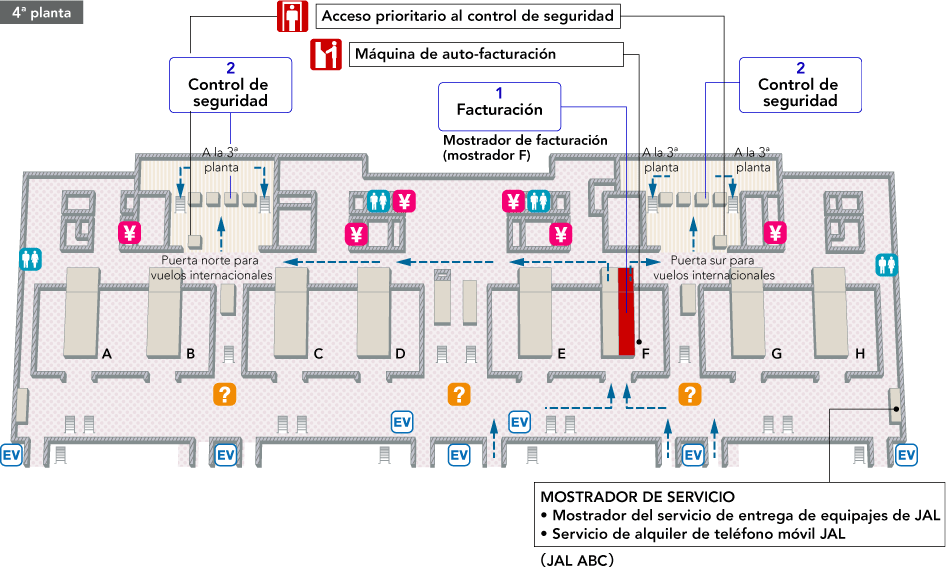En el área de salidas de la cuarta planta hay mostradores de facturación, máquinas de facturación de autoservicio, mostradores de información del aeropuerto, oficinas de cambio de divisas, aseos, mostrador del servicio de entrega de equipaje de JAL (ABC) y mostrador del servicio de alquiler de teléfono móvil (QL Liner). Tras pasar el control de seguridad y el carril rápido del control de seguridad, hay escaleras y escaleras mecánicas hasta la tercera planta.