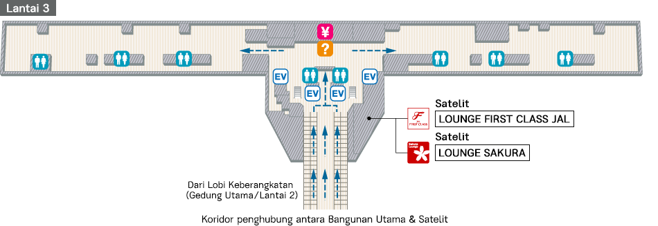 Di Lobi Kedatangan Satelit lantai 3, terdapat Lounge First Class JAL, Lounge Sakura, kantor penukaran mata uang, konter informasi bandara, toilet, lift, dan jembatan penghubung dari lantai 2 ke Terminal Utama.