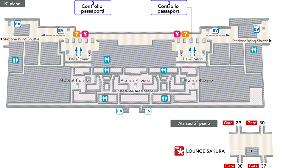 Dopo il controllo dell'immigrazione al 3° piano, ci sono gli uffici di cambio valuta, i banchi informazioni dell'aeroporto e le scale/scale mobili per il 2° e il 4° piano. Il Sakura Lounge è al 2° piano.