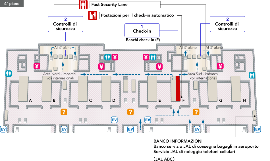Nell'area di partenza al 4° piano, sono presenti i banchi del check-in, le postazioni per il check-in self-service, i banchi informazioni dell'aeroporto, gli uffici di cambio valuta, le toilette, il banco del servizio bagagli JAL dell'aeroporto (ABC) e il banco del servizio di noleggio telefoni cellulari JAL (QL Liner). Le scale/scale mobili per il 3° piano si trovano dopo aver passato i controlli di sicurezza e la Fast Security Lane.