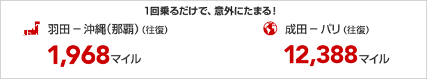 1回乗るだけで、意外にたまる!羽田-沖縄(那覇)(往復)1,968マイル、成田-パリ(往復)12,388マイル※パッケージツアーなどの割引料金でのマイル積算の例
