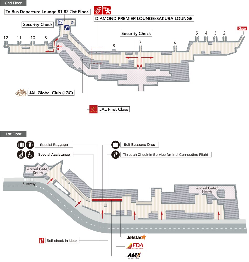 The second floor elevator and escalator to first floor bus departure lounge (gateway 81-82), safety inspection area has diamond JGC premier security examinations, JAL global club (JGC) entrance, security inspection (north), security inspection (south). Once you pass the security inspection you will find the lounge entrance. The 3rd floor you will find the Diamond Premier LOUNGE SAKURA LOUNGE. In the departure lobby on the first floor, boarding procedure, JAL JTA JAC Domestic Check-in Counter, Special Assistance Counter, Pet and Outing Service Reception Counter, Baggage Special Counter, JAL Express Tag Service, Through Check-in Service for Int'l Connecting Flight, AMX Check-in Counter, FDA Check in-counter, Jetstar Japan check-in counter, automatic check-in ticket issuing machine.